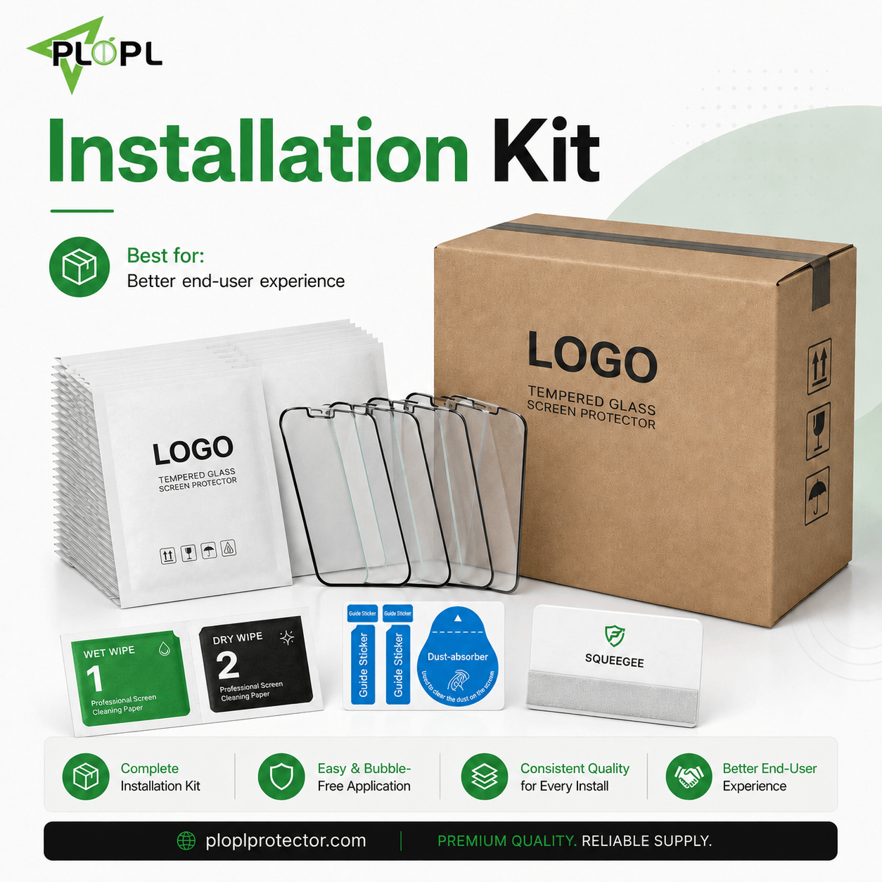Installation kit packaging for tempered glass screen protectors with wipes stickers and squeegee