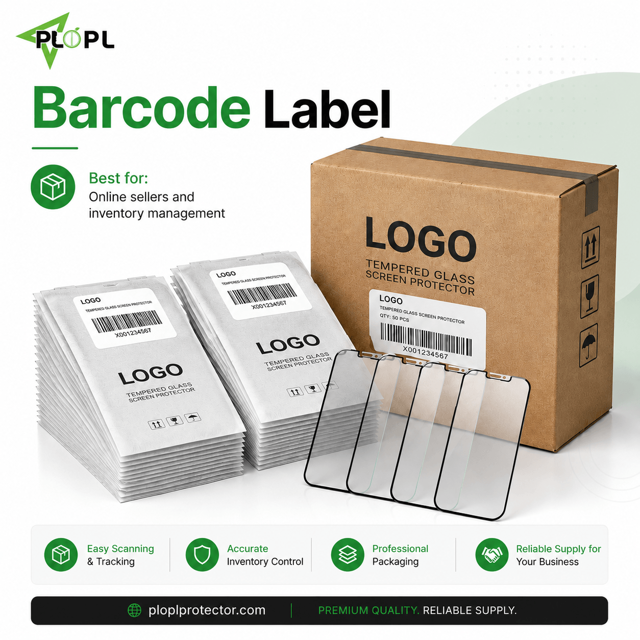 Barcode label packaging for tempered glass screen protectors for online sellers and inventory management