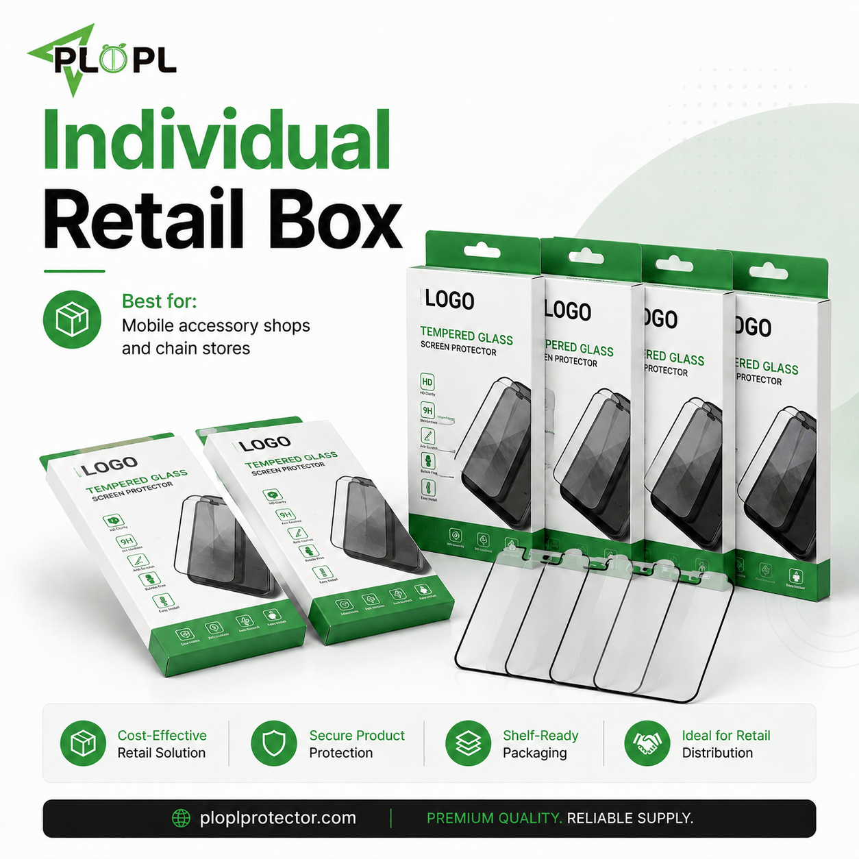 Individual retail box packaging for tempered glass screen protectors for mobile accessory shops